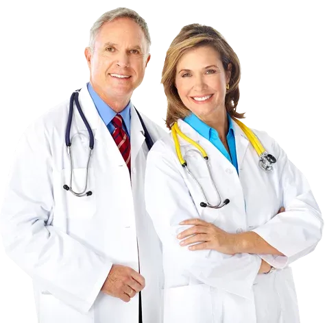 Two smiling doctors with stethoscopes representing medical guidance and professional supervision for sermorelin therapy